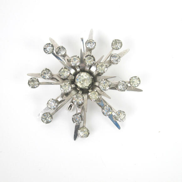 Vintage 1950s Atomic Style Pin Brooch Silver Tone & Rhinestones Snowflake Star - Picture 2 of 12